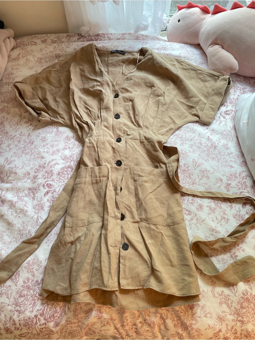 Zara Light Tan Button-Front Midi Dress with Belt